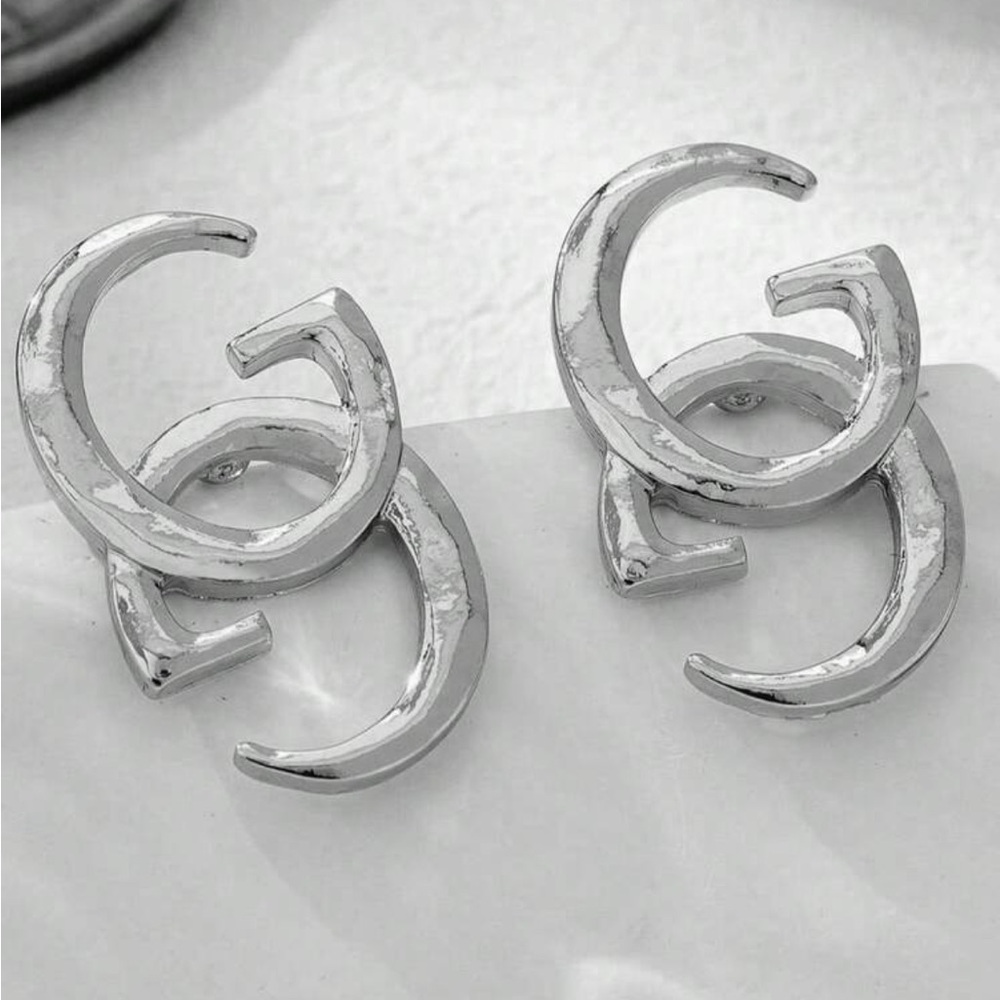 Metallic Silver Tone GG Logo Stud Earrings Elegant Silver Earrings